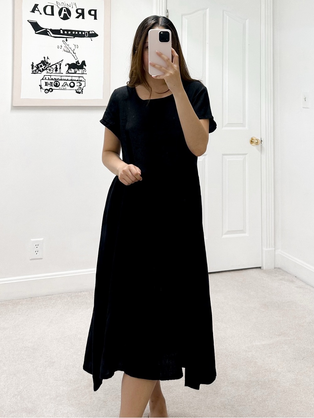 Bryn Walker 100% Linen Short Sleeve Swing Midi Dress in Black